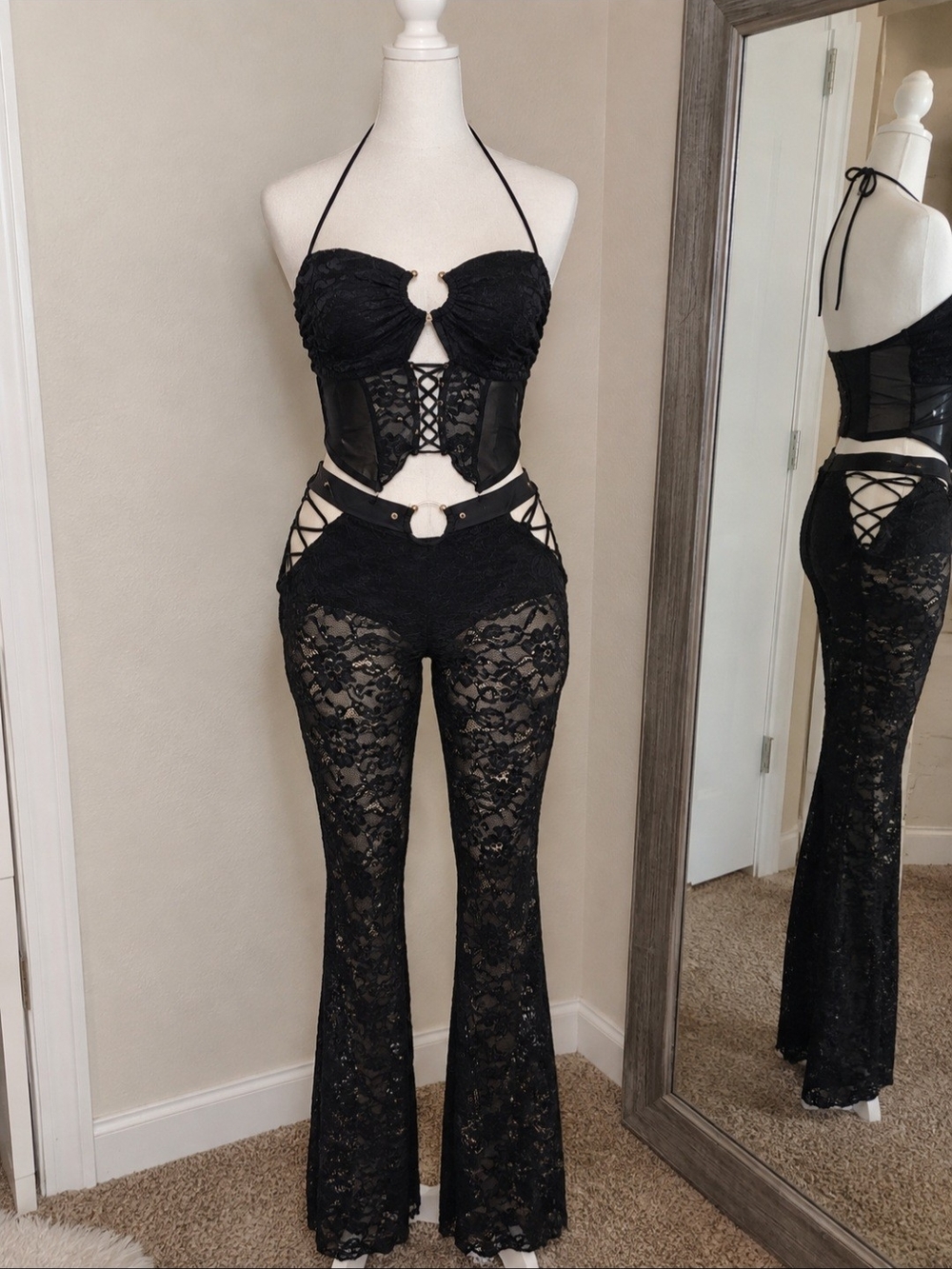 Fashion Nova Black Lace Halter Bustier Lace-Up Jumpsuit